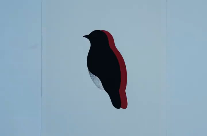 Zwei flache Silhouetten in Schwarz und Zinnoberrot, die rote Form sitzt knapp versetzt hinter der schwarzen.