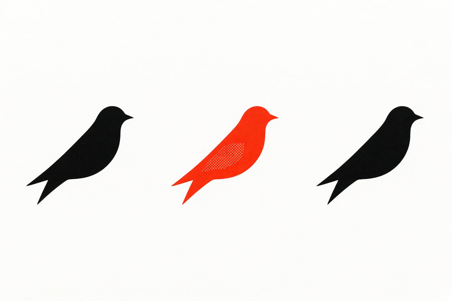 Dieselbe Silhouette zweimal gedruckt, Schwarz und Zinnoberrot liegen knapp gegeneinander.